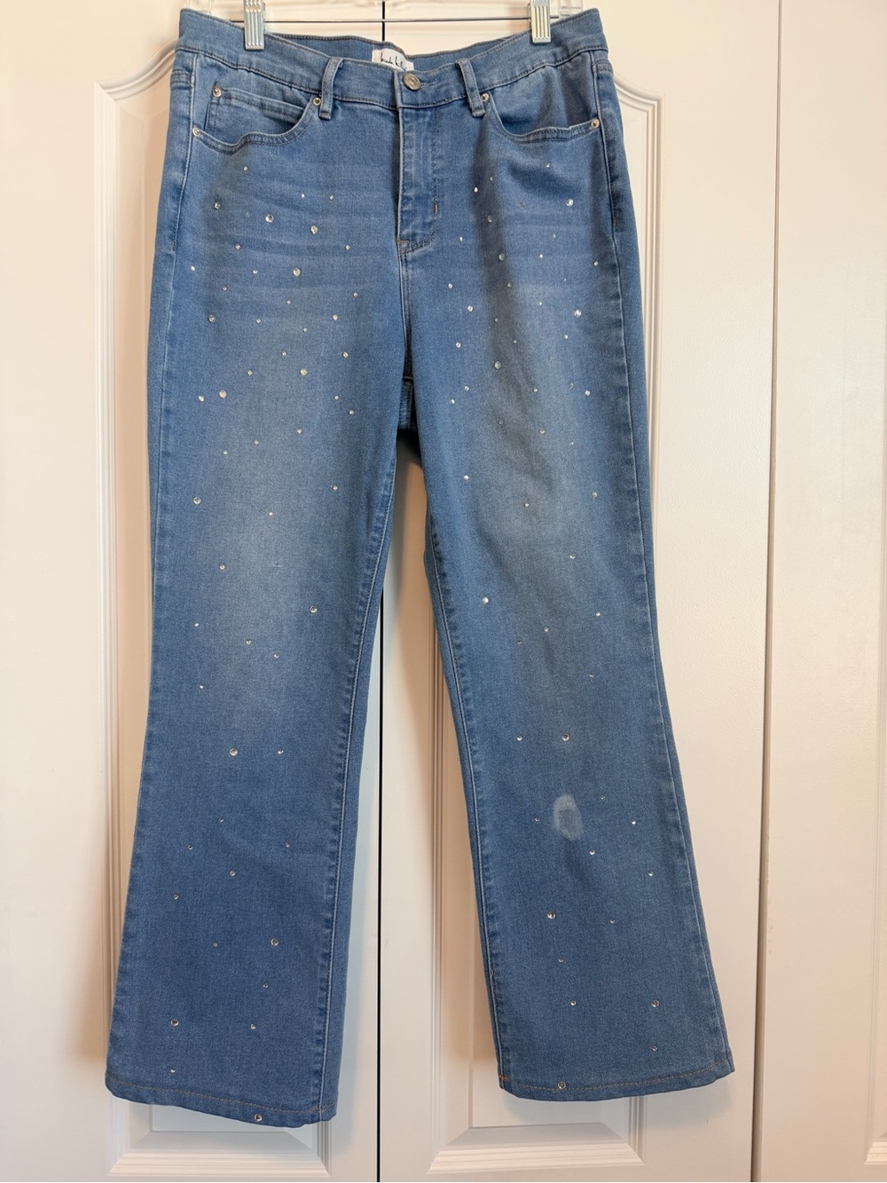 Nicole Miller Light Blue Denim Flare Jeans with Rhinestone Detail